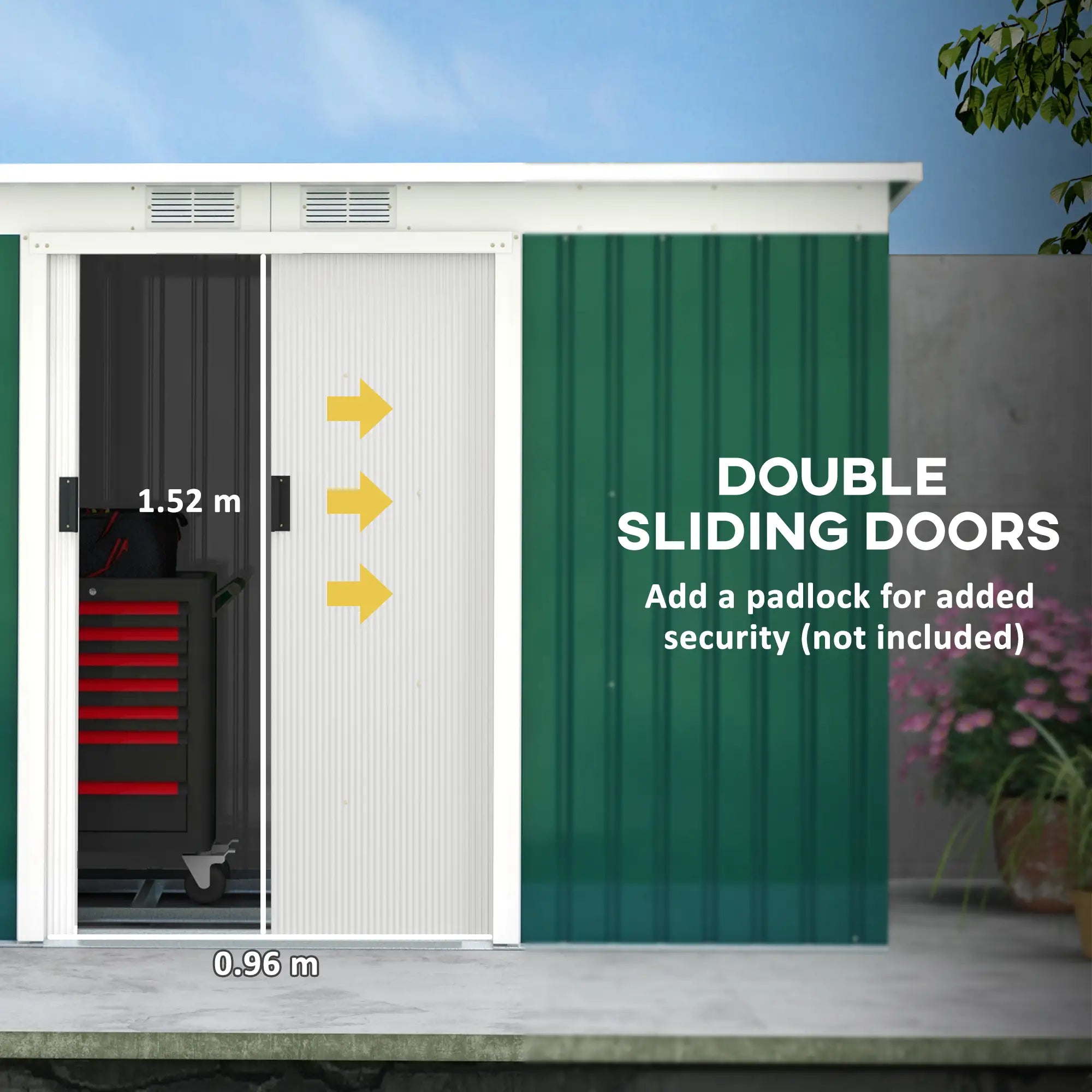 Deep Green 9ft x4 ft Metal Outdoor Garden Shed with Floor Foundation, Ventilation System, and Double Doors