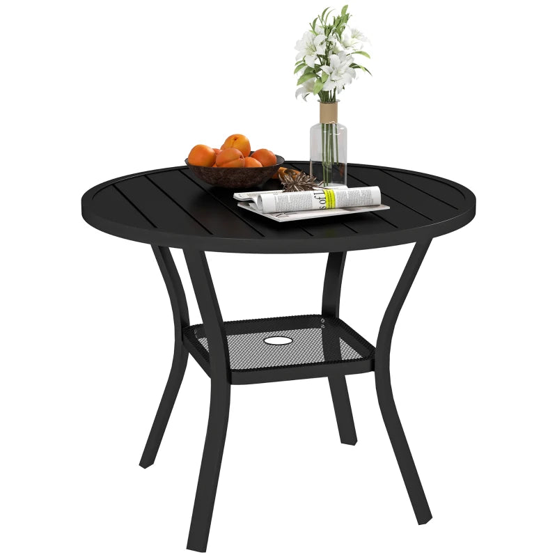 90 cm Round Black Garden Dining Table with 4-5 cm Parasol Hole, Steel Slatted Top and Wire Shelf for Outdoor Balcony and Porch