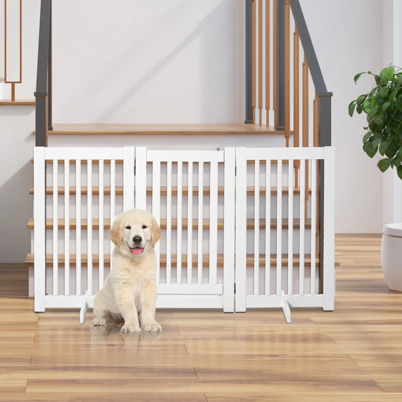 PawHut Freestanding Expandable Dog Gate - MDF Wood Pet Barrier with Latch Door for Doorway - White