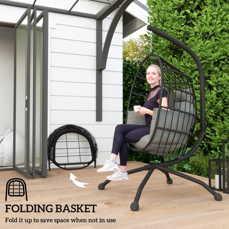 Hanging Egg Chair - Dark Grey - Outdoor Indoor Garden Swing Chair with Folding Basket, Thickened Cushion, Stand, Headrest & Cup Holder - Perfect for Patio & Balcony