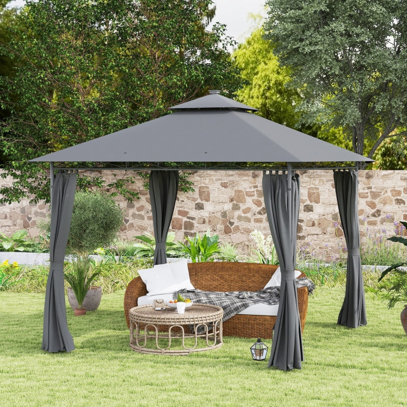 3 x 3 m Dark Grey Garden Gazebo with Double Roof, Curtains & Solar-Powered LED Lights - Outdoor Canopy Shelter for Patio & Deck