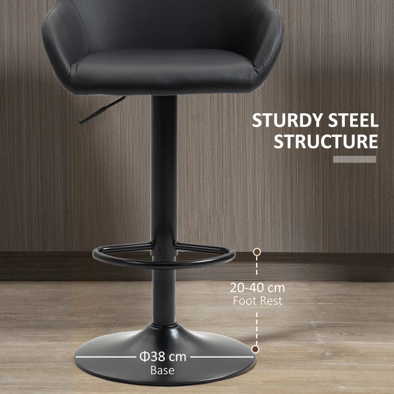 Set of 2 Adjustable Swivel Bar Stools with Backs & Armrests - PU Leather Kitchen Counter Chairs, Black