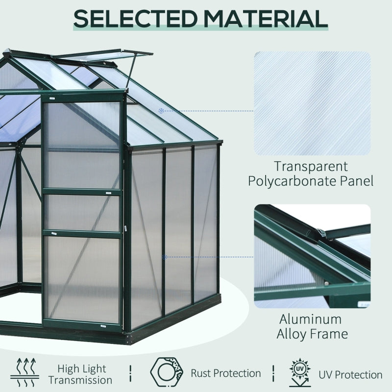 Green 6ft x 6ft Walk-In Polycarbonate Greenhouse with Aluminium Frame, Sliding Door & Roof Vent Window – Outdoor Garden Grow House for Plants, Vegetables & Flowers – Green