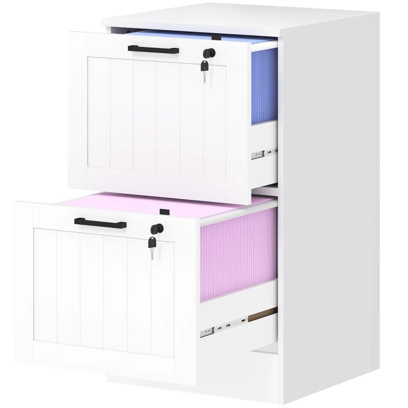 Secure 2 Drawer Filing Cabinet with Lock - Adjustable Hanging Bars for A4 Files - Stylish White Office Storage Solution