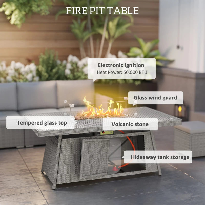 7-Piece Grey Rattan Sofa Set with Firepit Table - Outdoor Patio Furniture