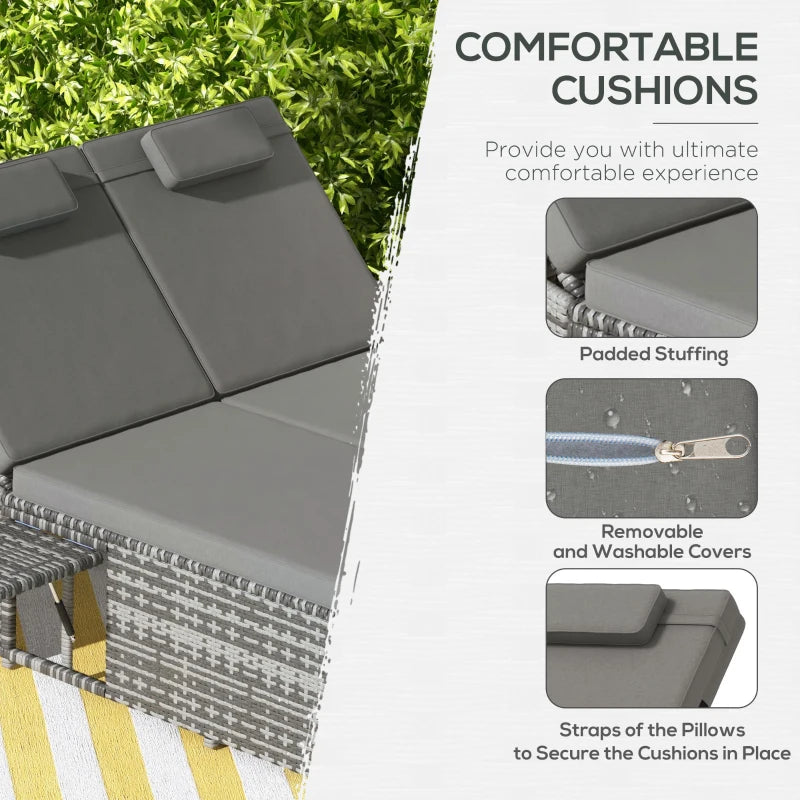 Grey Rattan 2-Seater Day Bed with Fire Retardant Cushions