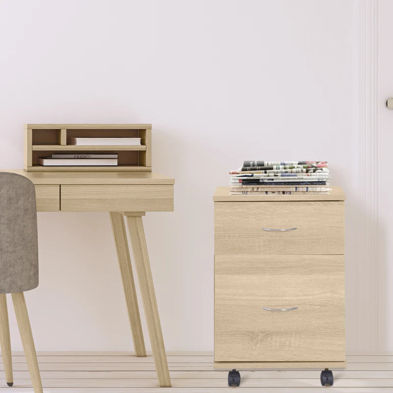 Oak Two Drawer Filing Cabinet on Wheels - Stylish and Functional Storage Solution for Home or Office