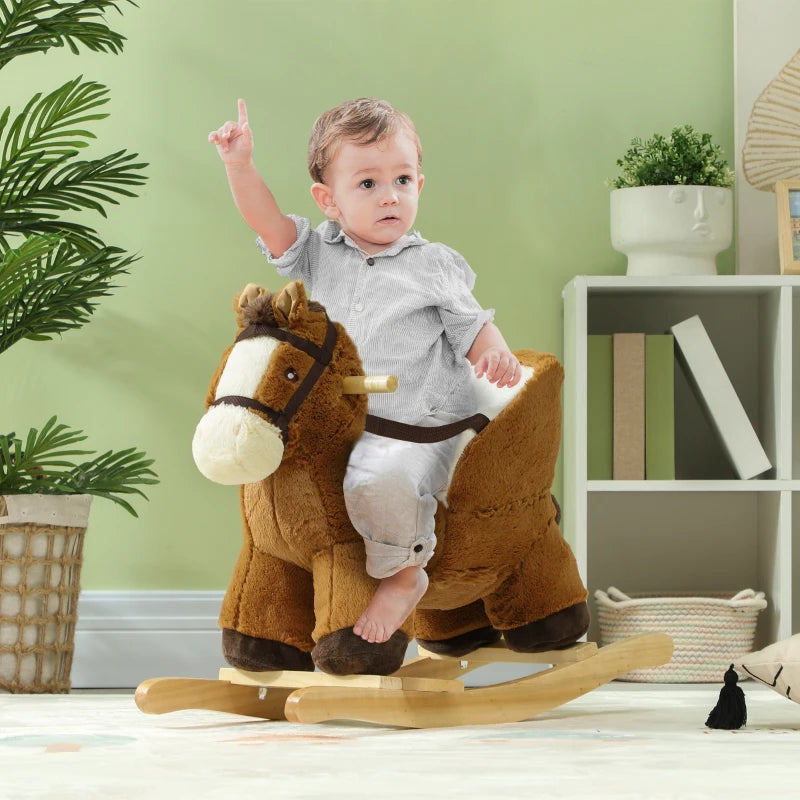 Plush Rocking Horse for Kids with Sound Wooden Base Ride On Toy for Ages 18 to 36 Months Brown