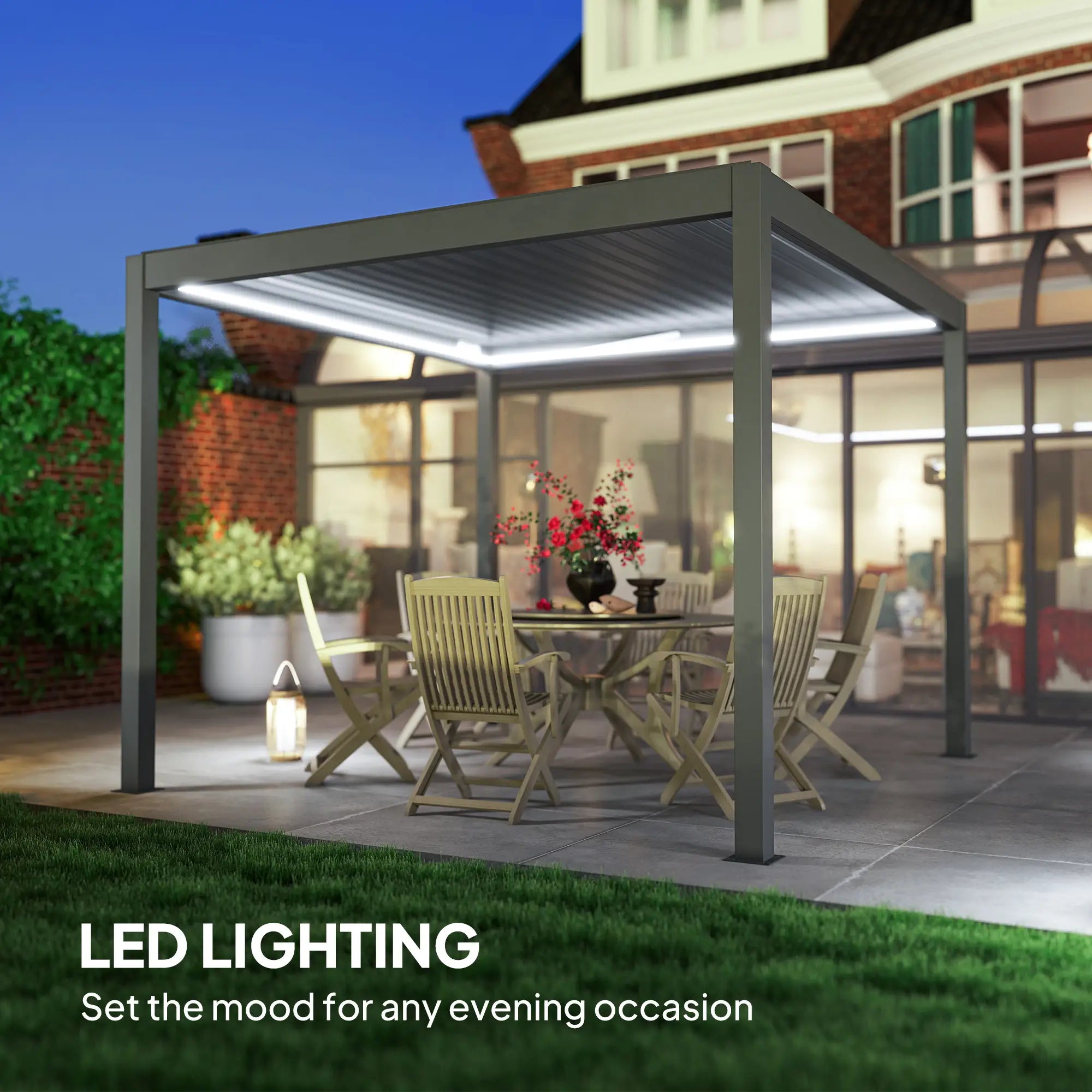 3m x 3m Electric Louvered Pergola with LED Lights - Solid Aluminium Hardtop Gazebo with Remote, Adjustable Roof and Drainage System, Water and UV Resistant