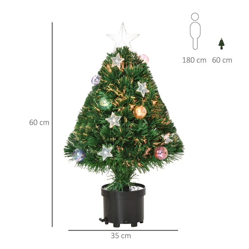 2FT Pre-lit Artificial Christmas Tree - Multicoloured Fibre Optic Xmas Decoration with LED Lights for Table Desk - Green