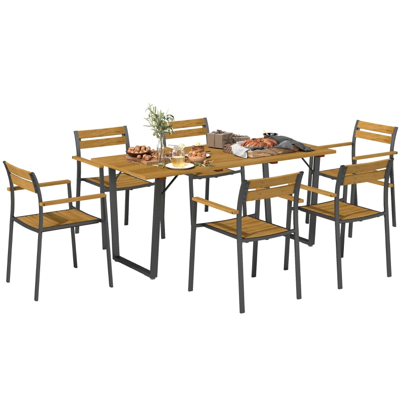 7-Piece Garden Dining Set - Fir Wood Table & 6 Stackable Chairs with Umbrella Hole