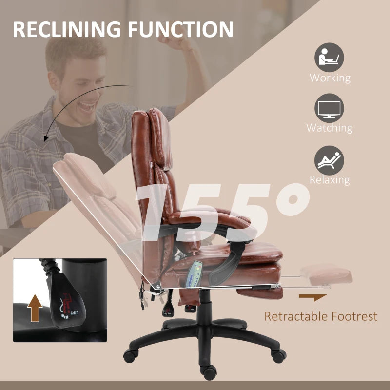 Vinsetto Brown PU Leather Office Chair with 7-Point Vibrating Massage, Adjustable Height, Reclining Back & Footrest - Comfort & Style