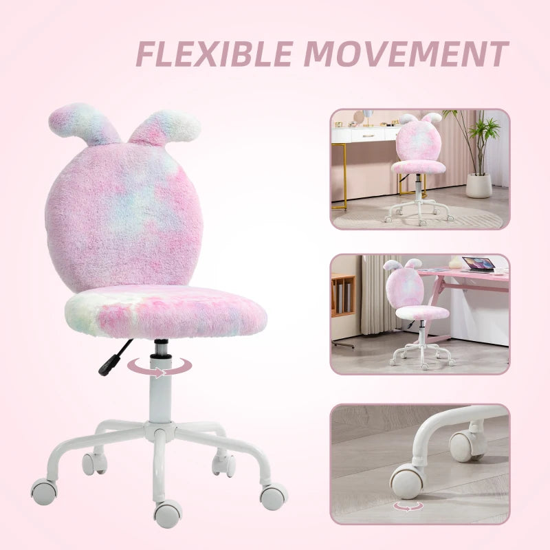 Fuzzy Bunny Ears Office Chair - Faux Fur Swivel Desk Chair, Armless Makeup Vanity Chair, Adjustable Height for Bedroom & Study