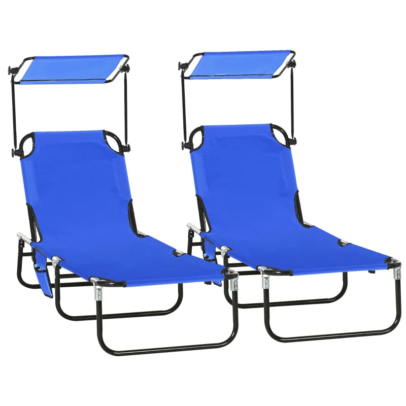 2 Piece Blue Folding Sun Loungers with Canopy - Adjustable Recliner Garden Chairs with Side Pocket, Steel Frame and Breathable Mesh for Outdoor, Pool, Beach, Garden