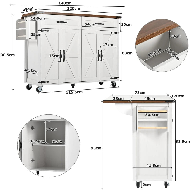 Farmhouse Style Kitchen Island Trolley - Adjustable Shelf, Cabinets & Drawers, Modern Rolling Storage Cabinet, White, 140x73x90.5 cm