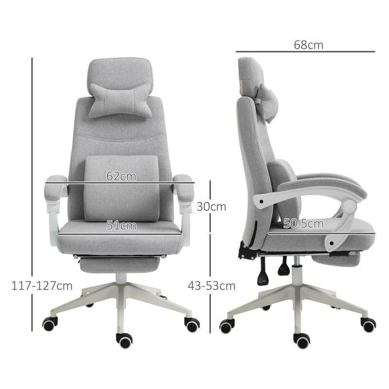 Vinsetto Ergonomic Office Chair - High Back Fabric Desk Chair with 160° Recline, Footrest, Neck & Lumbar Support - Grey