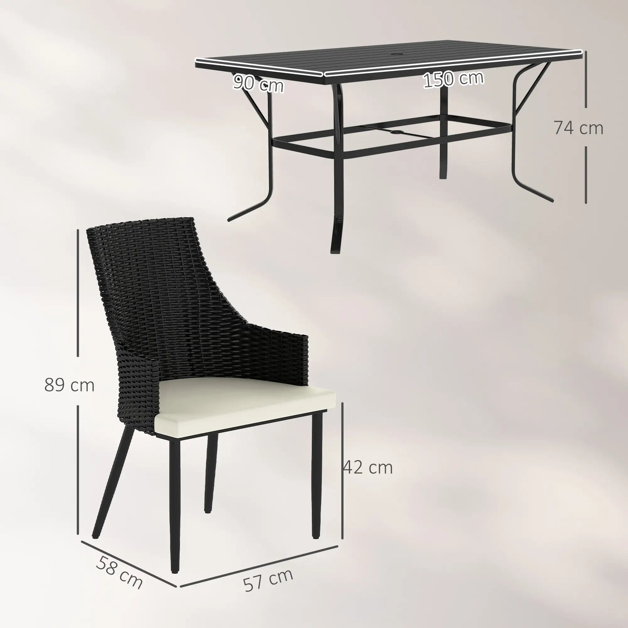 6 Seater Black & Cream White Rattan Dining Set with Cushions, Armchairs, Rectangle Slatted Table Top, Steel Frame, Parasol Hole, Wicker Outdoor Furniture for Patio