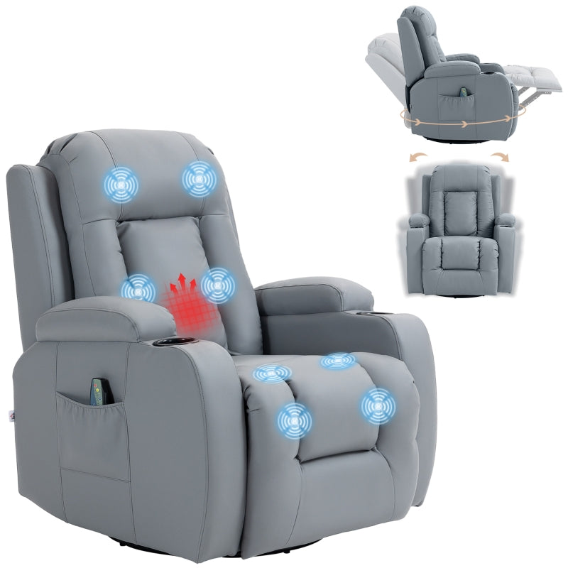 Comfortable Massage Recliner Chair with 8 Vibration Settings, Heat Function, Cup Holders, and Side Pockets in Light Grey