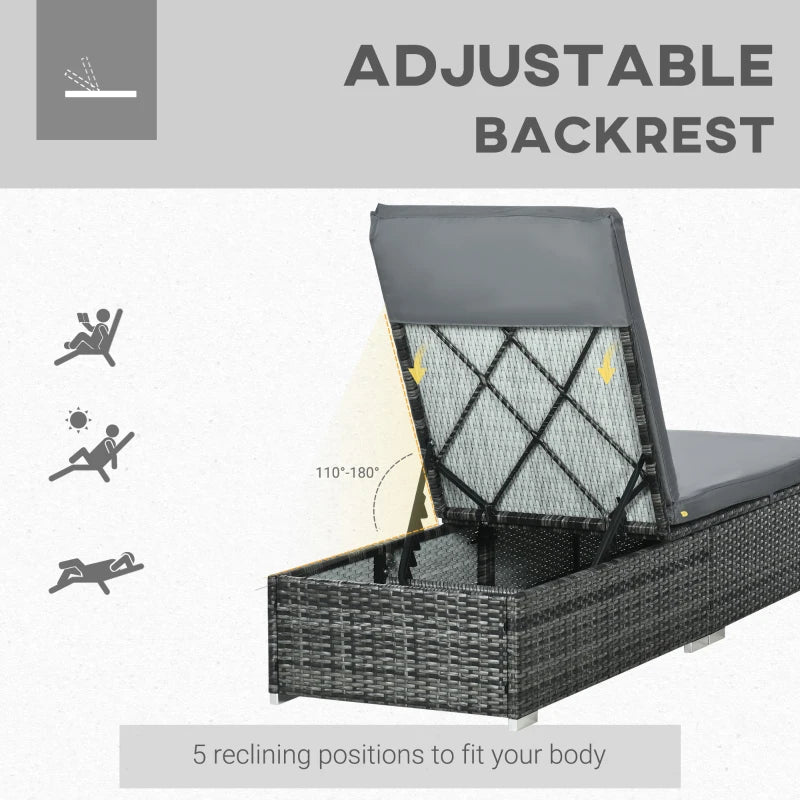 Grey Rattan Sun Lounger with Adjustable Recliner and Cushion