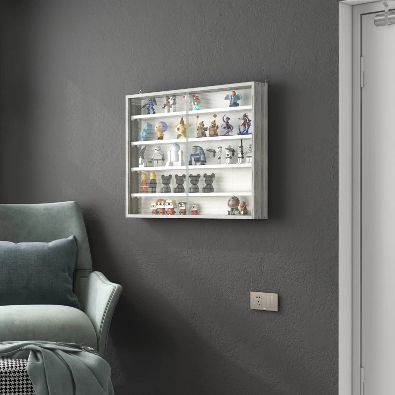 5-Tier Wall Display Shelf Unit with 4 Adjustable Shelves & Glass Doors - Grey Wood Grain Cabinet for Home Office Decor 60x80cm
