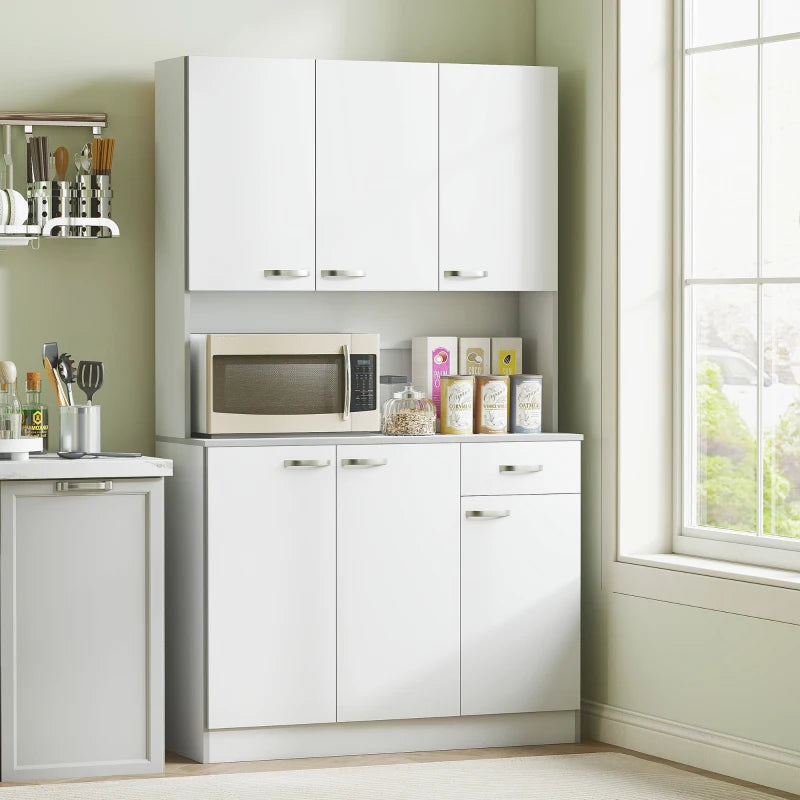 Freestanding White Kitchen Storage Cabinet with 6 Doors Adjustable Shelves and Open Countertop