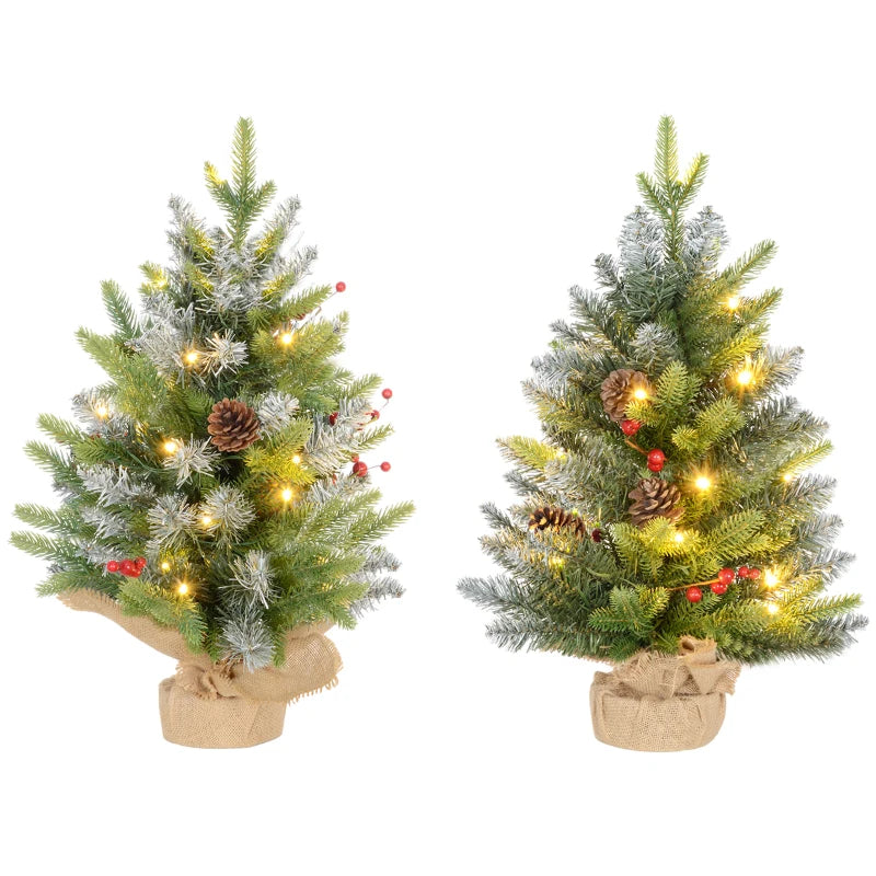 Set of 2 Mini 2ft Christmas Trees with Lights, Berries & Pinecones - Perfect Holiday Decor for Home & Office
