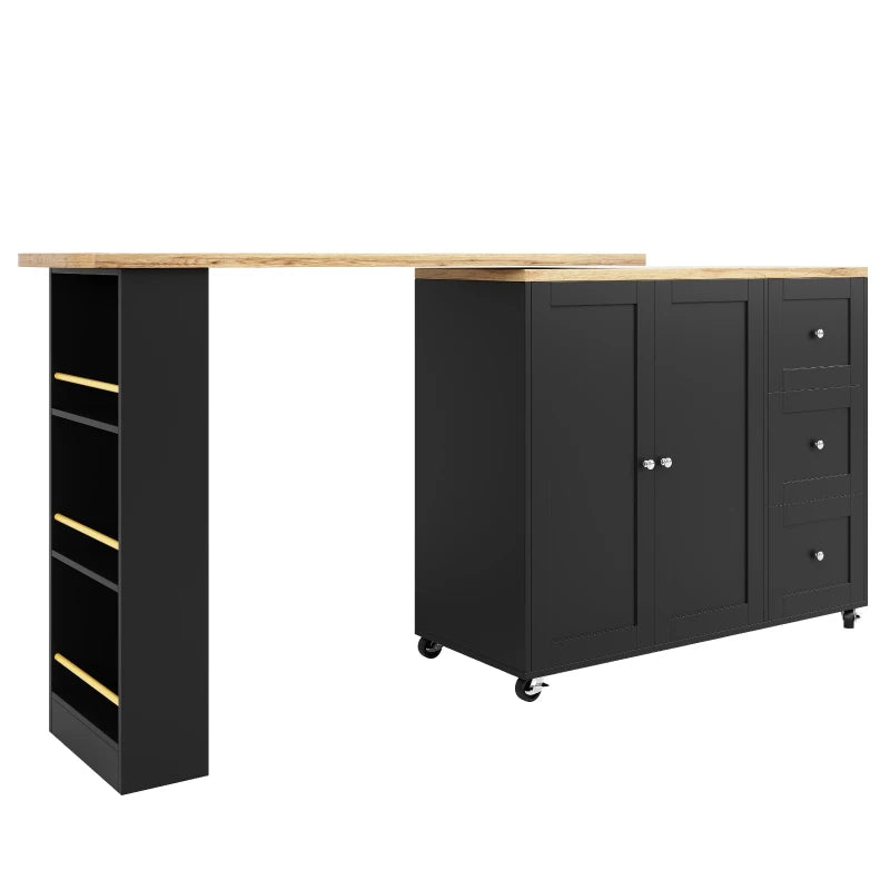 360° Swiveling Dining Table with Snack Rack & Drawers - Multifunctional Kitchen Island on Castors, Black, 209L x 39W x 104H cm