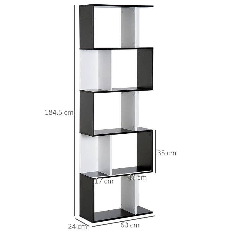 S-Shaped Wooden Bookcase - 5/6 Tier Freestanding Storage Shelf for Home Office - Black & White Decorative Display Rack