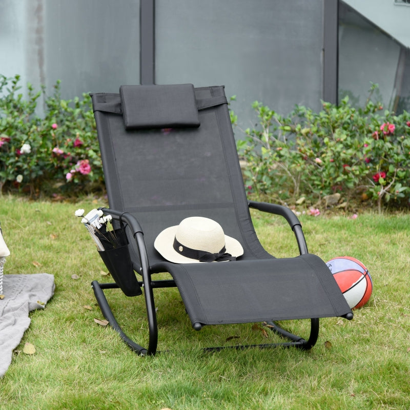 Black Outdoor Rocking Chair with Mesh Fabric, Headrest, Armrest, Storage Bag