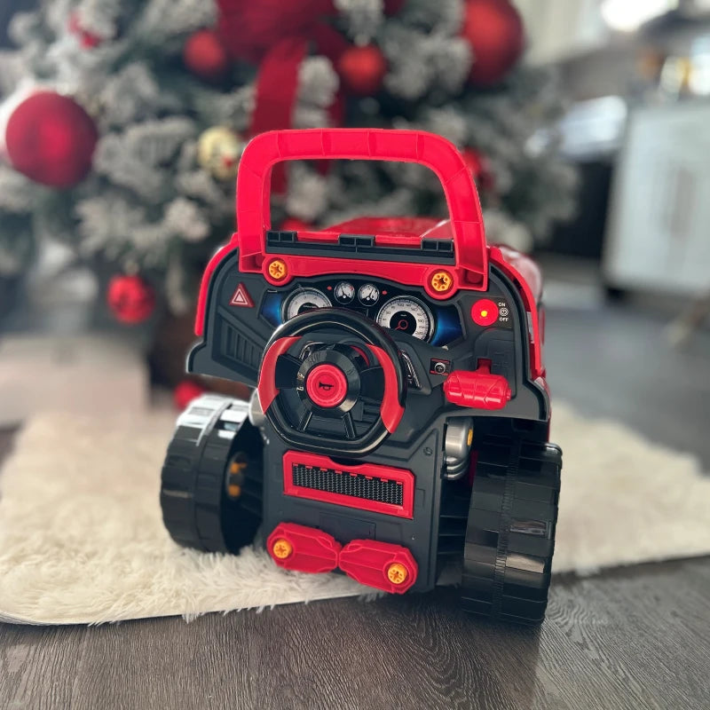 Kids Truck Engine Toy Set Educational Car Service Station Playset Take Apart Workshop with RC Car Key Steering Wheel Horn Light for Toddlers Ages 3 to 5 Red