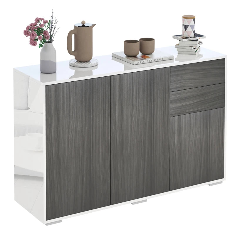 High Gloss Sideboard with 2 Drawers - Modern Push-Open Design Side Cabinet for Living Room & Bedroom in Light Grey & White