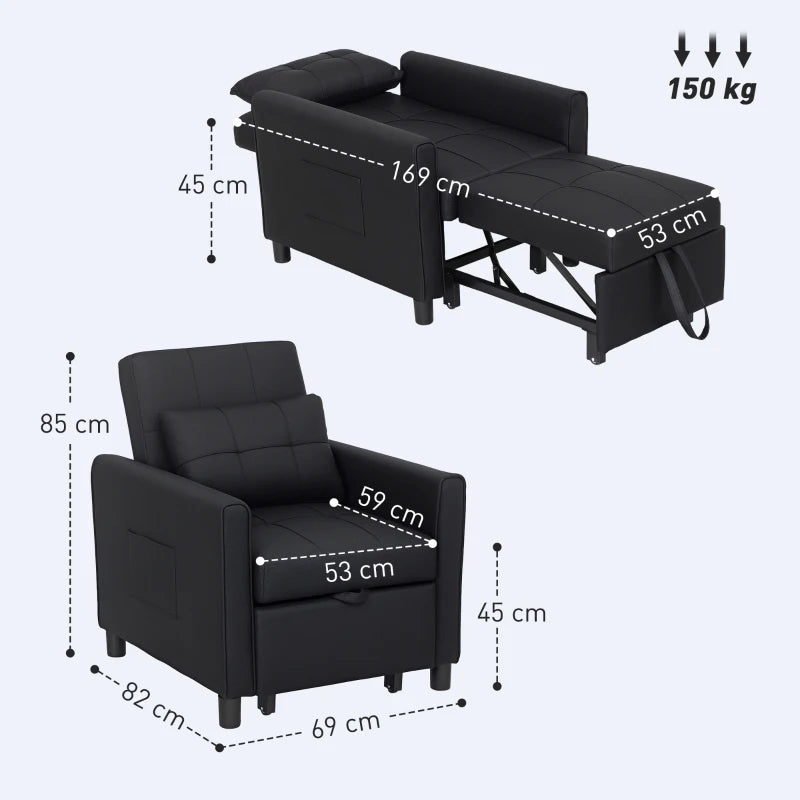 Linen-Look Black Single Chair Bed for Stylish Space-Saving Comfort