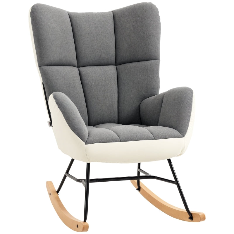 Soft Padded Rocking Wingback Armchair with Wooden Legs in Grey and Cream for Stylish Comfort
