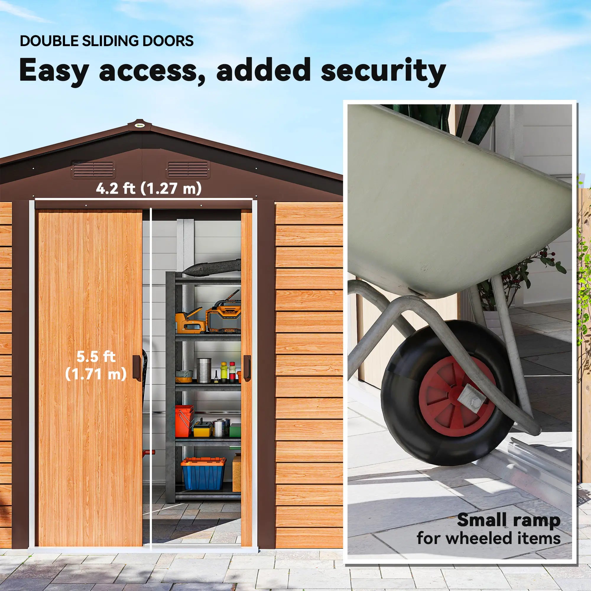 9ft x 6ft Galvanised Steel Shed - Brown Wood-Effect With Sliding Doors