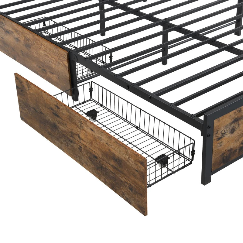 Metal Double Bed with LED Light Strip, USB Ports & 2 Drawers - Sturdy Iron Frame, Black, 207x135.5x83.5 cm