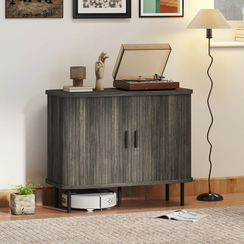 Mid-Century Modern Sideboard Storage Cabinet with Slatted Tambour Doors & Steel Legs - Stylish Grey Kitchen Cabinet