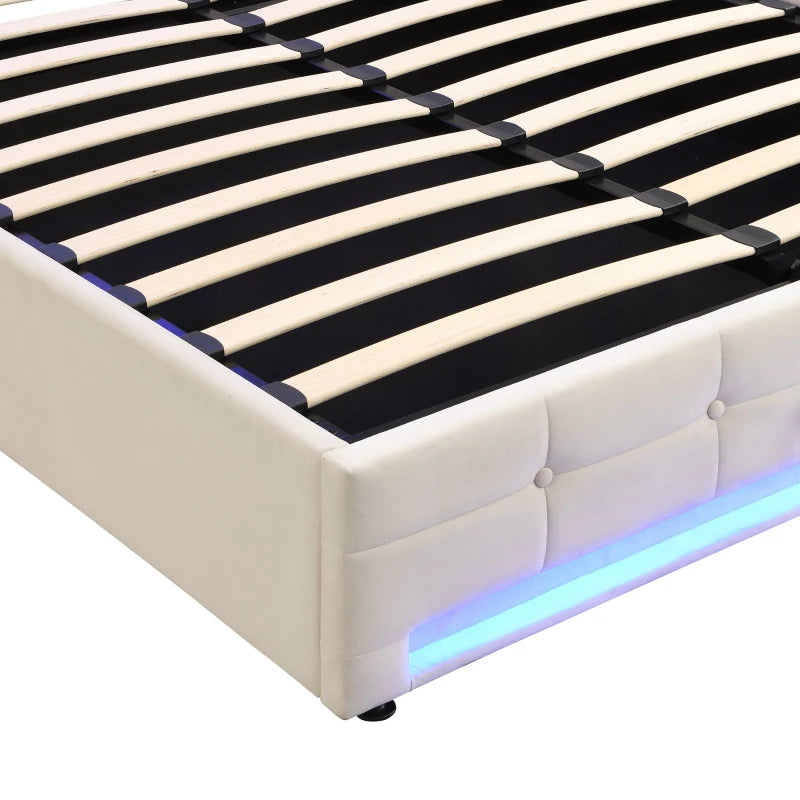 Elegant Velvet Upholstered Double Bed with Storage & LED Lights - Iron Frame, 199x150x123 cm, Beige - Modern Bedroom Furniture