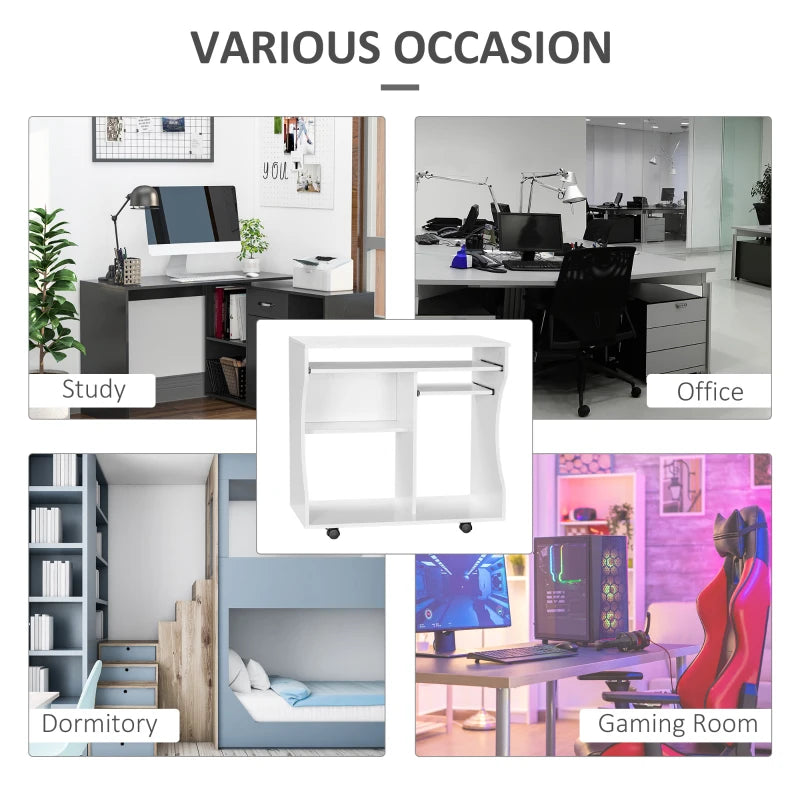 Multi-Storage Compact Work Desk on Wheels - Modern White Home Office Furniture for Small Spaces