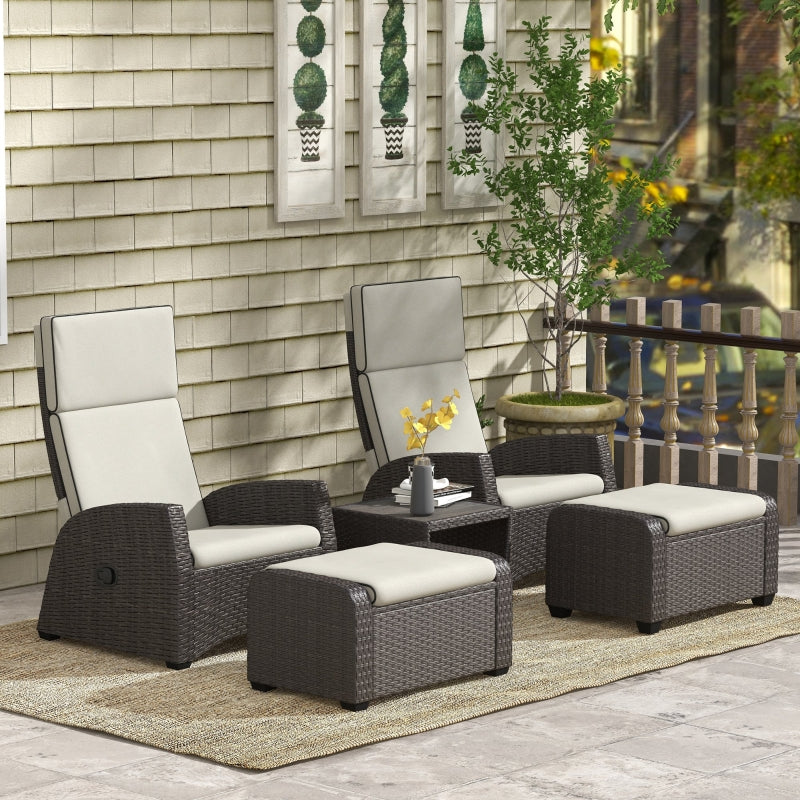 5-Piece Rattan Patio Reclining Chair Set with Footstools, Coffee Table & Cushions - Outdoor Garden Furniture in Brown