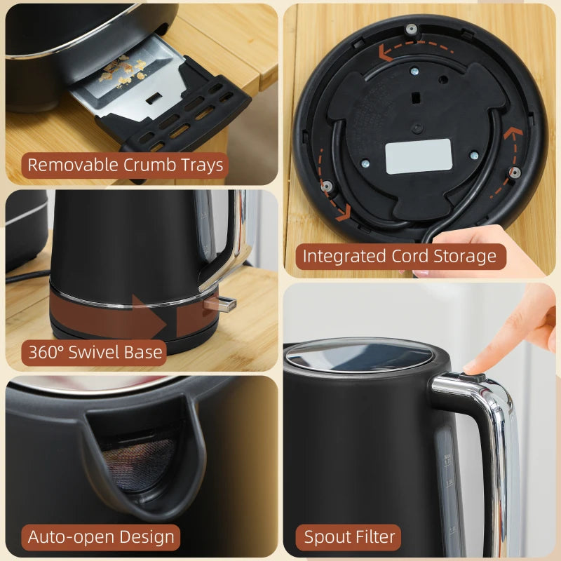 Premium Black Kettle and Toaster Set - 1.7L Fast Boil 3000W Kettle & 2 Slice Toaster with 6 Browning Levels