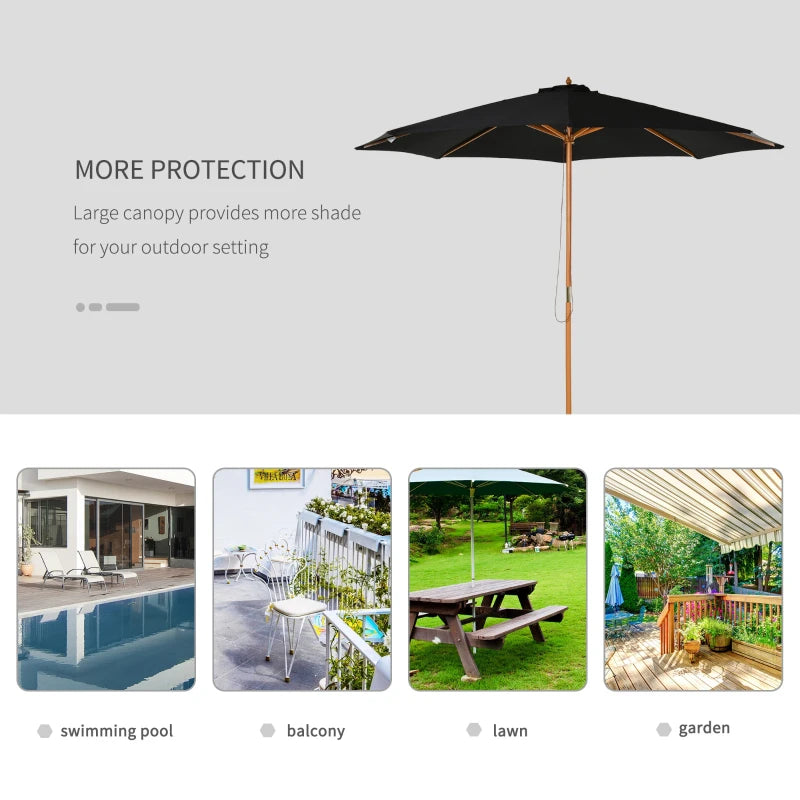 Black 3m Wooden Patio Umbrella with Pulley Mechanism