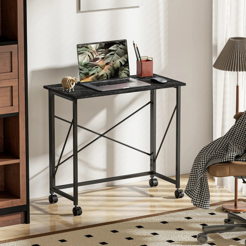 Compact 80 cm Folding Desk on Wheels - Versatile Black Mobile Workstation for Home Office, Study, and Small Spaces