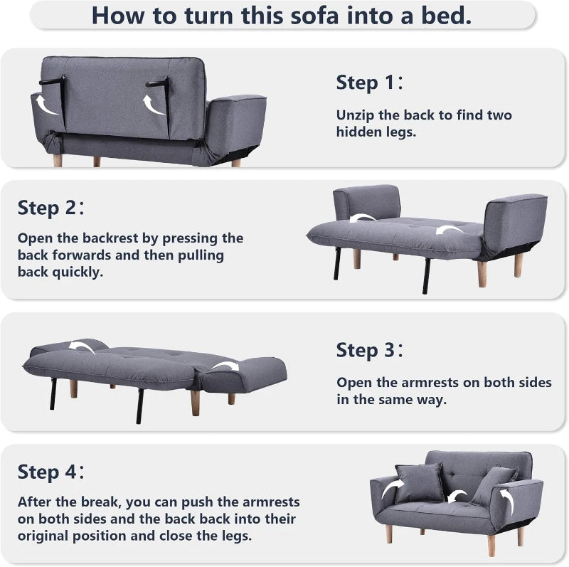 Expandable 2-Seater Bed Settee with 3 Adjustable Positions, Modern Fabric Loveseat for Flats and Dormitories, Grey