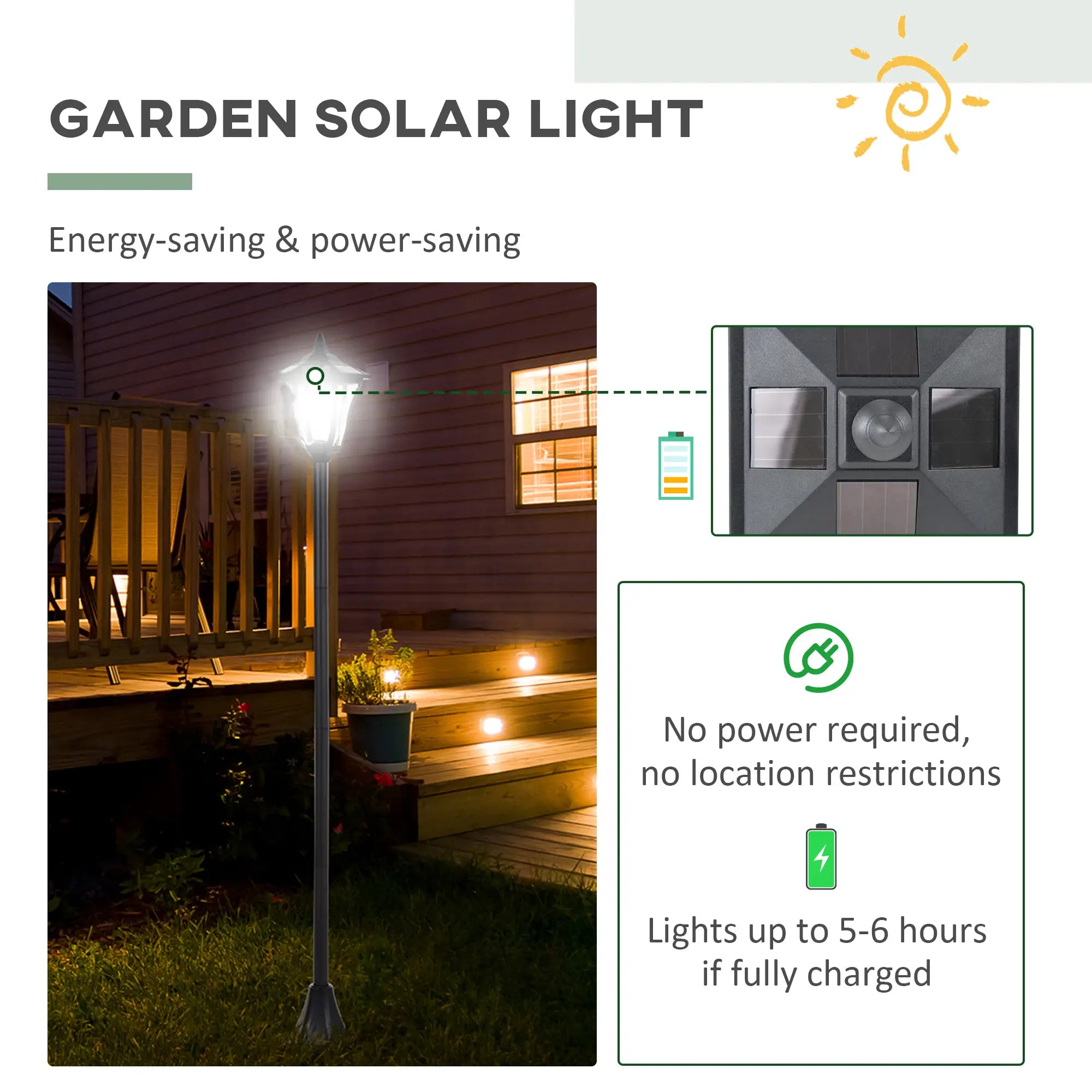 Black Garden Solar Lamp Post Photosensitive LED Lantern - 1.2M Tall