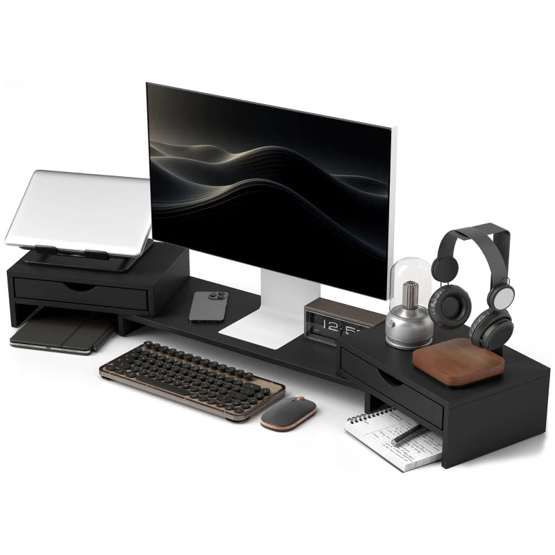 Dual Monitor Stand Riser with 2 Drawers - Adjustable Length & Angle, 116cm for Laptop, PC, Printer - Black