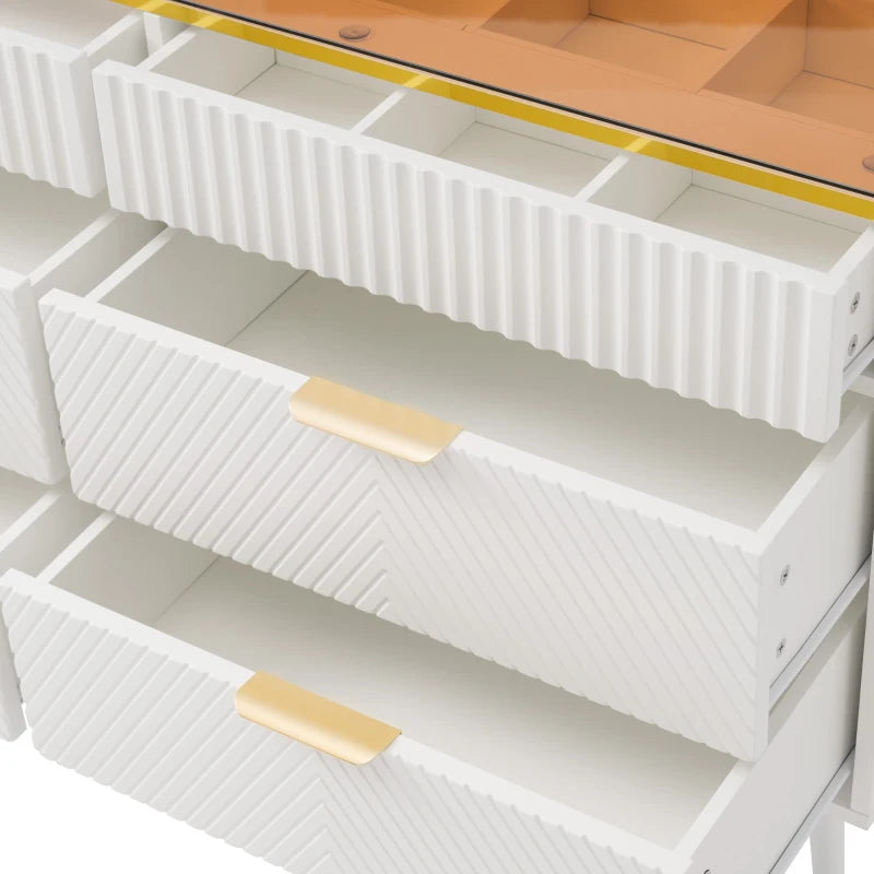 Modern Anti-Tip Sideboard Cabinet with 6 Drawers - Amber Glass & Wood Storage Chest for Living Room - 120x40x76 cm, White