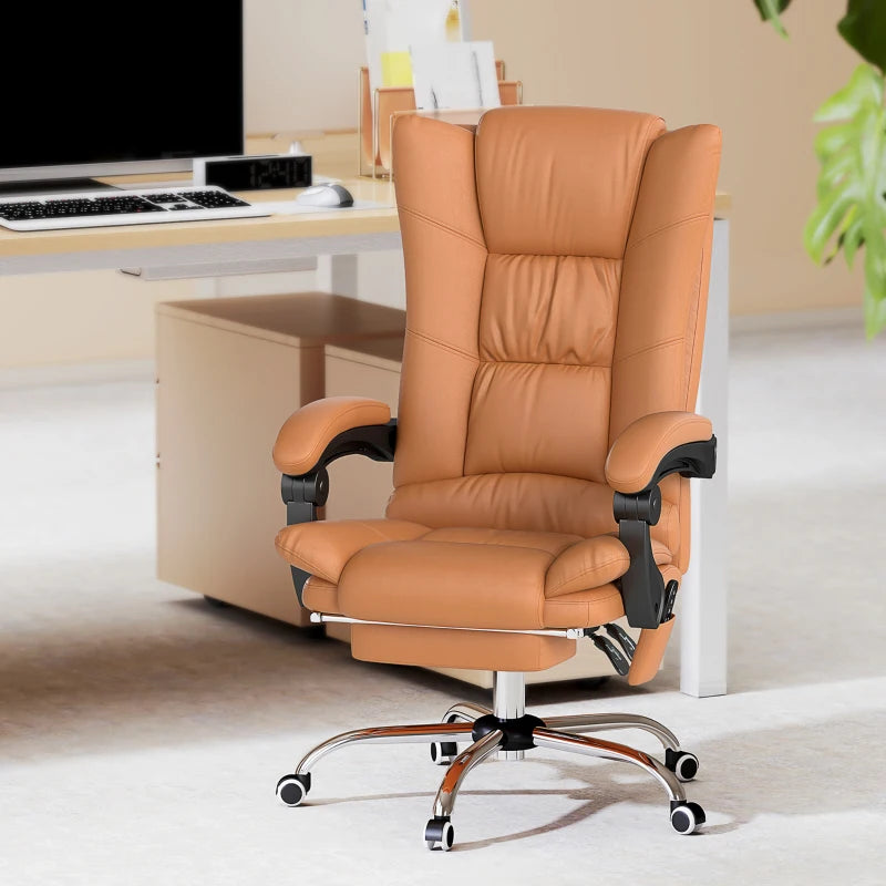 Vinsetto High Back Massage Office Chair with Heat, Reclining PU Leather Computer Chair, 135° Recline & Footrest - Light Brown