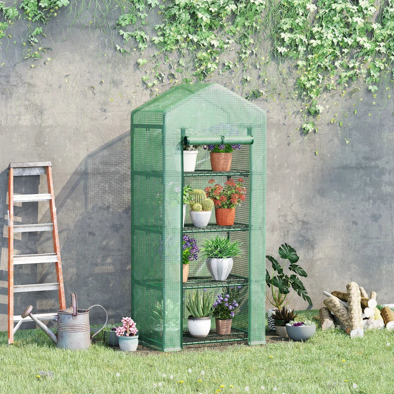 Compact Greenhouse with Steel Frame, 4 Tier, Roll-up Door, 70x50x160 cm, Green