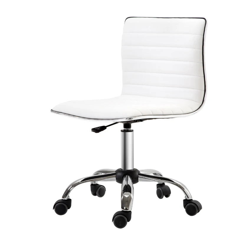 Adjustable Swivel Office Chair - Armless Mid-Back Design in White PU Leather with Chrome Base for Modern Workspaces