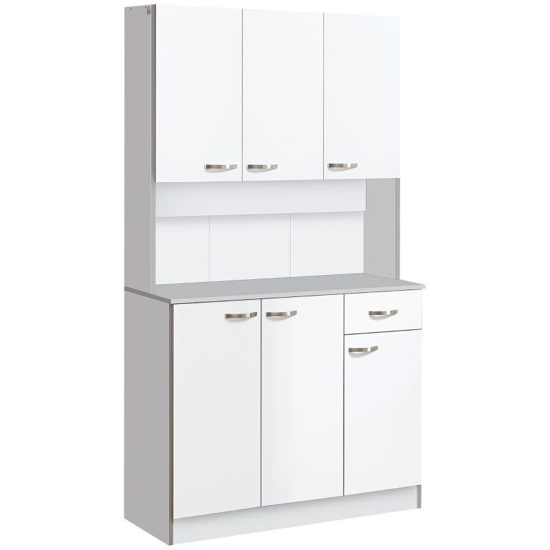 Freestanding White Kitchen Storage Cabinet with 6 Doors Adjustable Shelves and Open Countertop